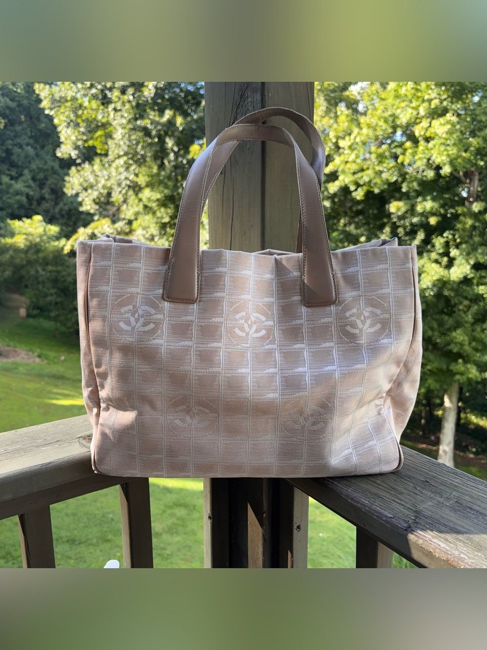 Authentic Chanel Neutral Beige Metallic Tote Bag with Leather Handles